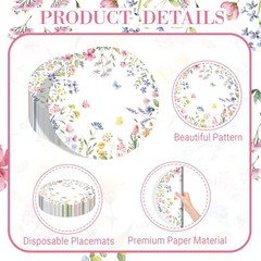 50PCS Floral Disposable Paper Placemats Watercolor Butterfly & Wildflower