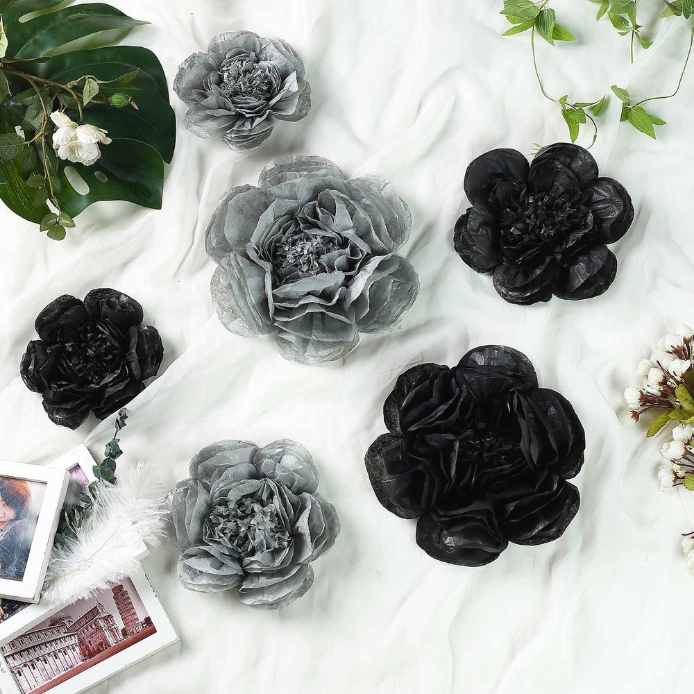 12 pack 7″ 9″ 11″ Black and Charcoal Grey Tissue Paper Peony Flowers Backdrop