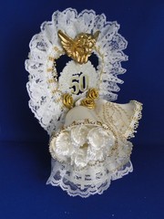 New 50th Wedding Anniversary Cake topper with Bells, Cherub Lace & Gold Beads #7
