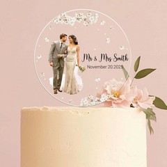Custom Photo Wedding Cake Topper Rustic Acrylic Mr and Mrs Personalized Gift