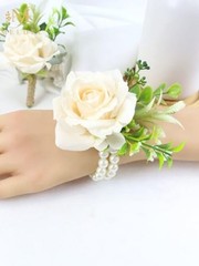 Wrist Corsage and Boutonniere Set Champagne-c 1 Boutonniere&1 Wrist Corsage