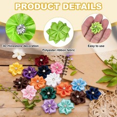 100 Pcs Ribbon Flowers, 1.2 in Fabric Flowers with Rhinestones, Green