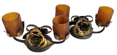 Pair 1970’s 2 Votive Candle Holders Amber Glass with Wrought Iron/Steel Roses
