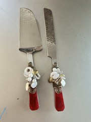 Wedding 2-Piece Cake Knife & Server Set Metal Hammered Silver Red/White Gold