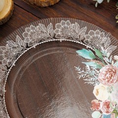 25 BROWN 8″ Wood Print Paper Dessert PLATES Floral Lace Rim Party Decorations