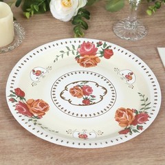 25 IVORY 9″ Paper Round Plates with Vintage Rose Flower Print Wedding Events