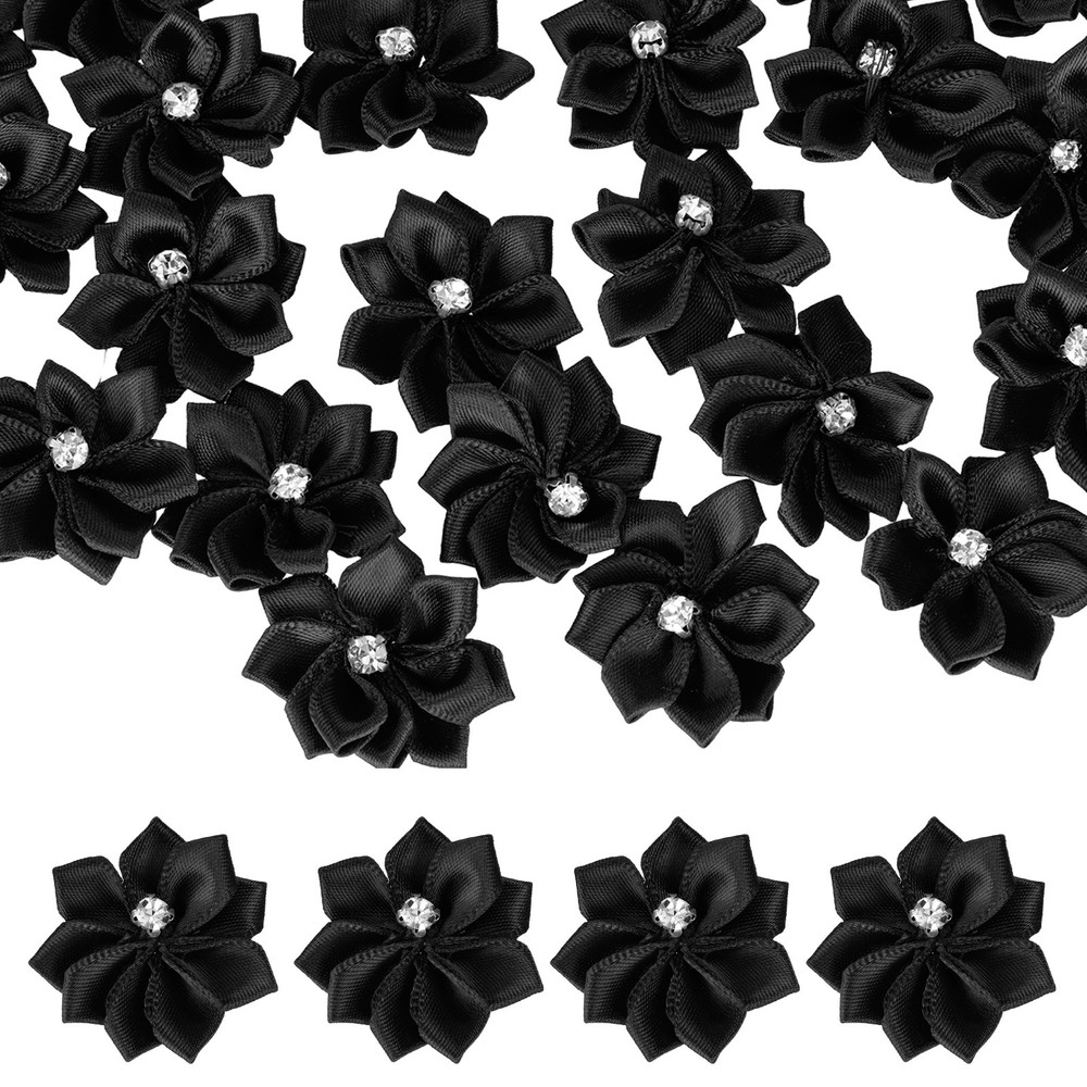 100 Pcs Ribbon Flowers, 1.2 in Fabric Flowers with Rhinestones, Black