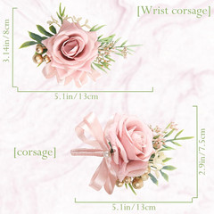 2 Pcs Pink Rose Corsage and Boutonniere Set for Wedding, Artificial Flower Prom
