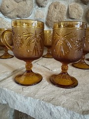 Vintage Glass Set of 8 Goblet MCM Orange Colored Raised Pattern Goblet 5.5″ tall