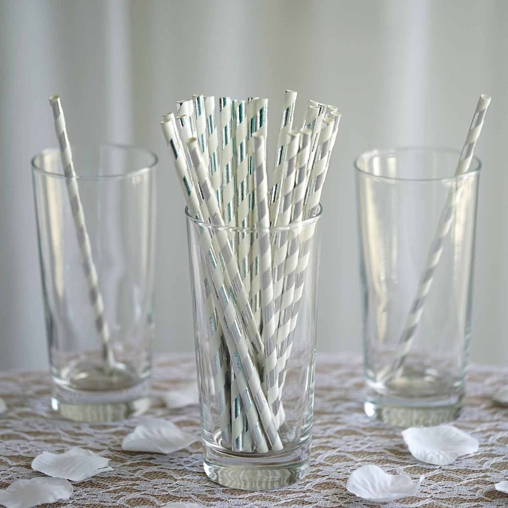 150 pcs 8″ White and Silver Biodegradable Striped Paper Straws Light Gray Party
