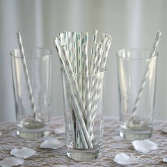 150 pcs 8″ White and Silver Biodegradable Striped Paper Straws Light Gray Party