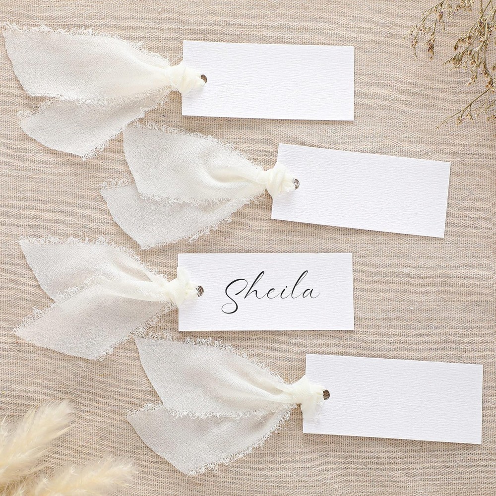 50 Pcs Name Place Cards Blank Chiffon Ribbon 1.57×3.54 Inch Hanging Tags Ivory