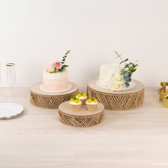 3 Natural Pedestal Cake Stands Jute Rattan with Wooden Top Plates Wedding