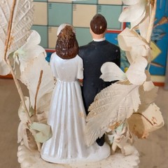 Vtg 1950s Bride Groom Wedding Cake Topper w Signed Bell, Sugar & Composition