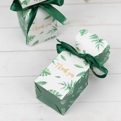 25 WHITE GREEN Leaves Print Gift Favor Boxes with Satin Ribbon Party Events
