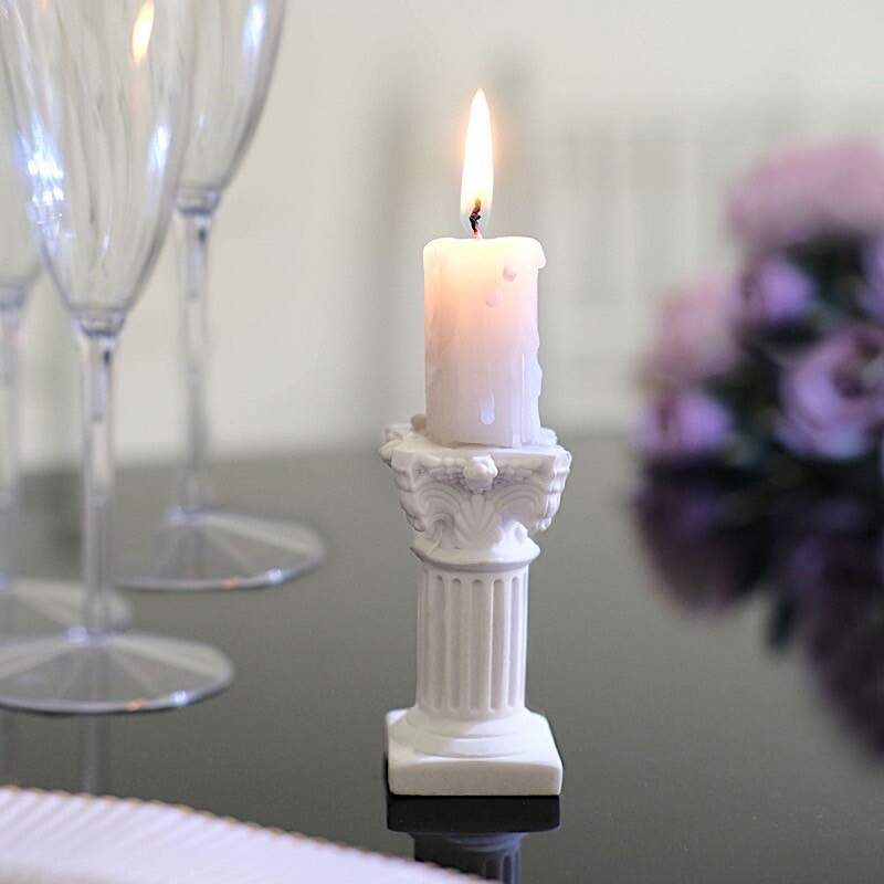 6 White Resin Mini Roman Column Taper CANDLE HOLDERS Set Party Events Supplies