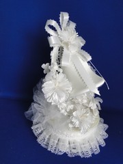 New Vintage Elegant White Satin Bell, white white floral Wedding Caketop #404