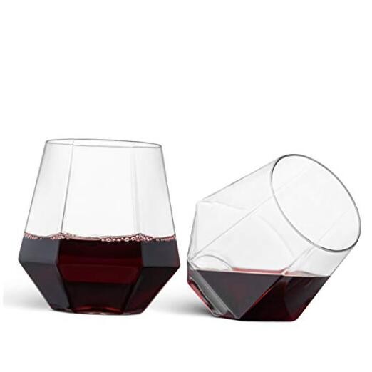 Plastic Stemless Wine Glasses 32 Pack – Diamond Shaped Unbreakable Clear