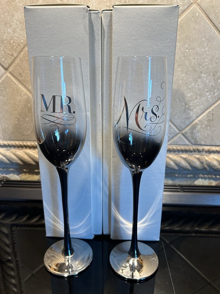 Hallmark MR & MRS Champagne Flute Wedding Glassware Decorated Two-Piece Set