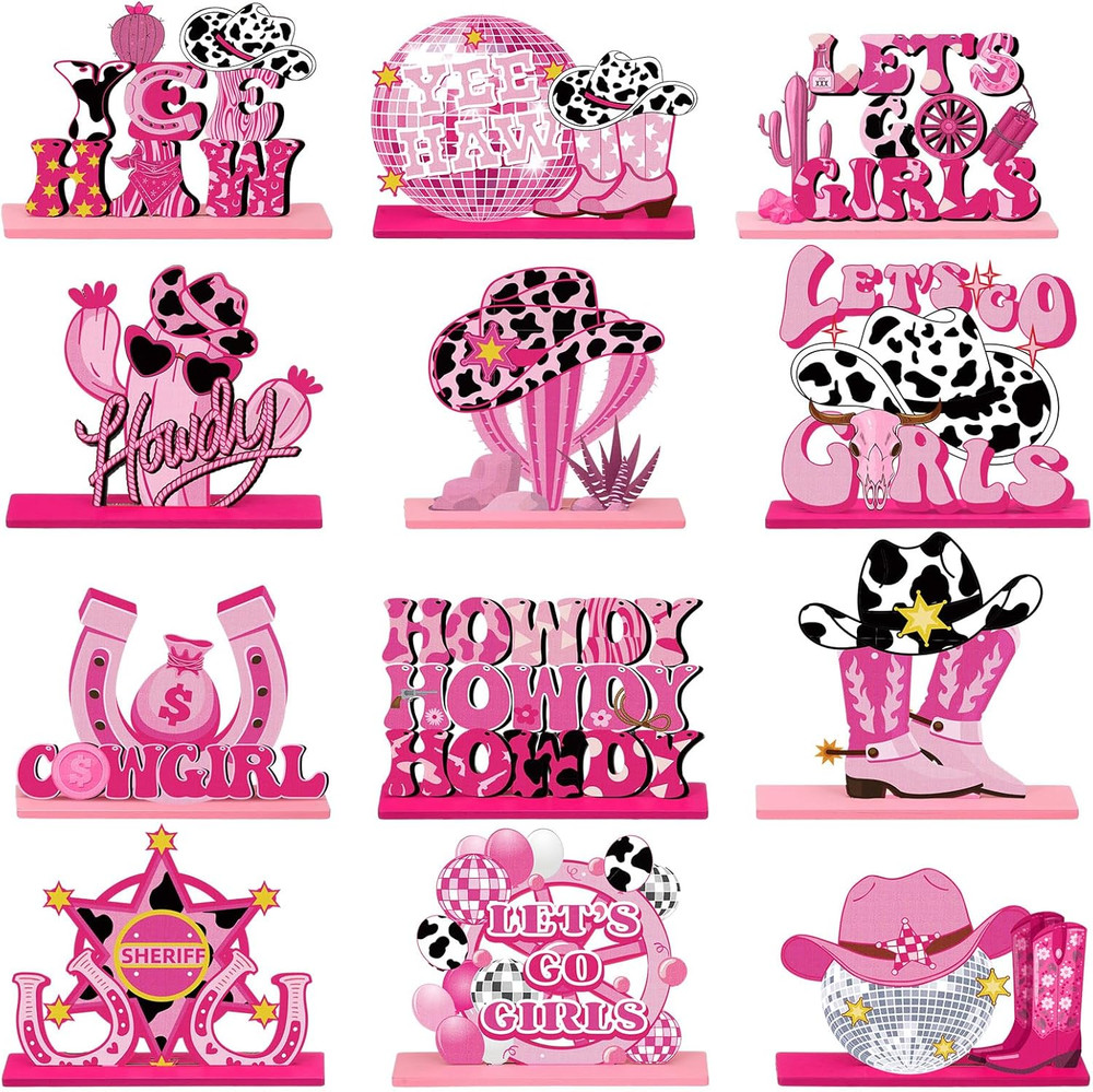 12 Pcs Cowgirl Western Table Decor Pink Wooden Centerpieces Bachelorette