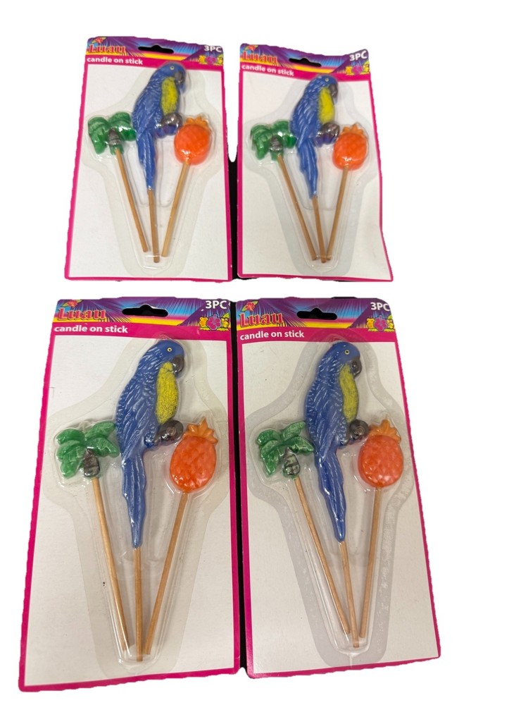 Set Of 4 —3 PC Candle Sticks Luau Party Decor New In Box Palm Parrot Pineapple