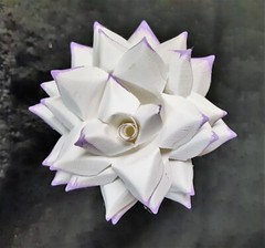 7 Handmade Paper Flowers on stems (White w/Purple tips) for Wedding, Valentine’s