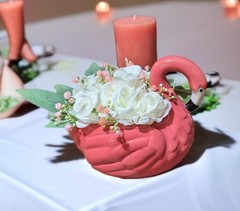 Wedding Centerpiece, Flamingo Table Decor with Bouquet of White Mini Roses