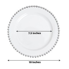 WHITE SILVER 10 Round 10″ Plastic Salad PLATES Beaded Rim Party Events