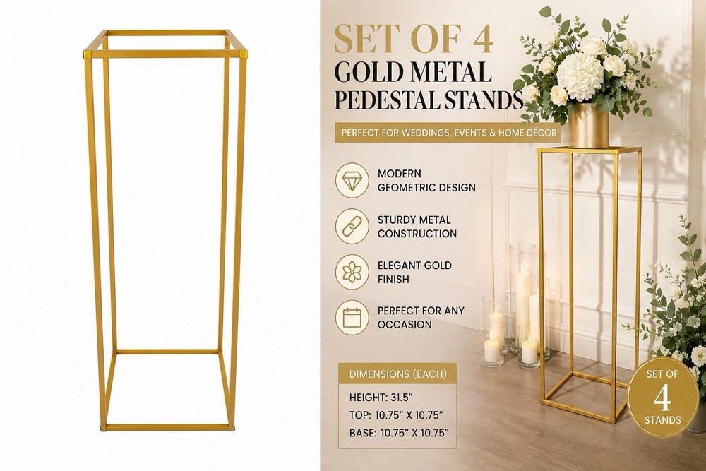Set of 4 Gold Metal Wedding Pedestal Stands 31.5” Floral Display Party Decor
