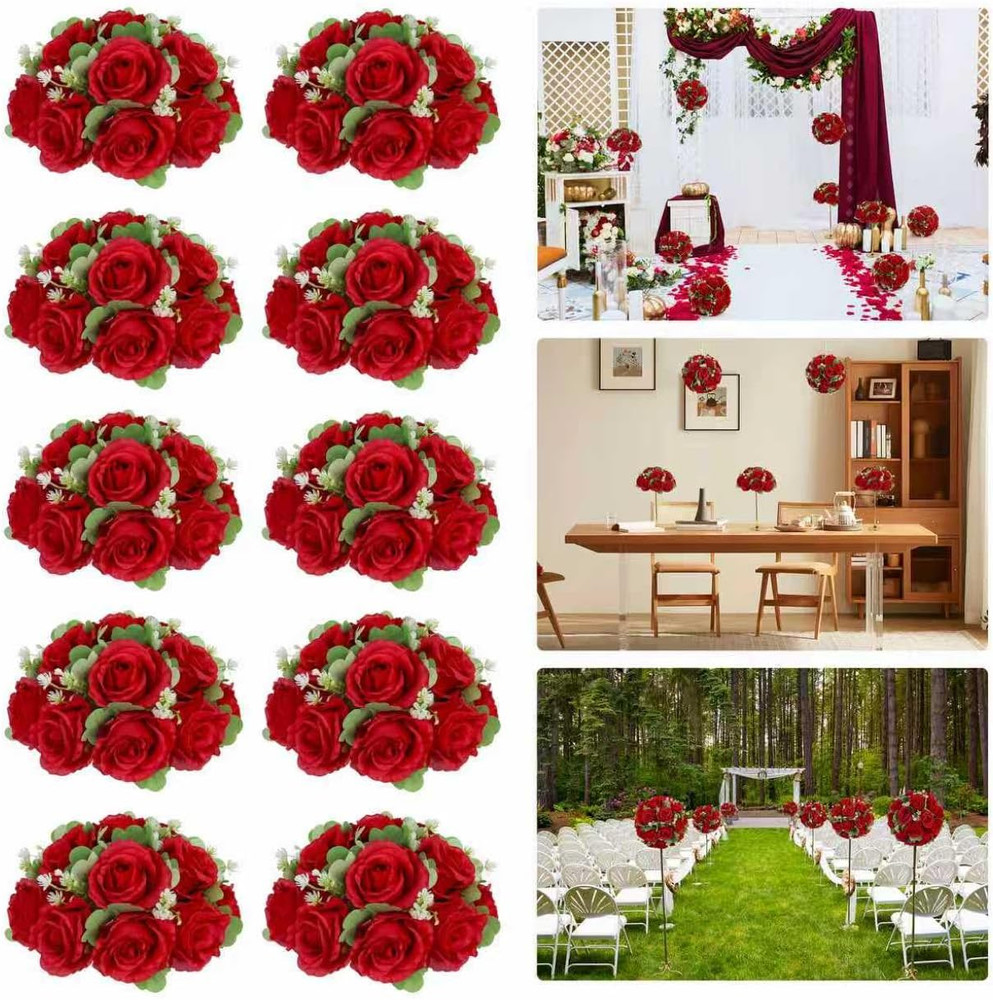 Artificial Flower Ball Wedding Centerpieces -10Pack Red Rose Silk Floral Half Ba