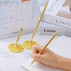 Jiebor 2Pcs Wedding Pen and Metal Pen Stand Holder Set Signing Desk Gold