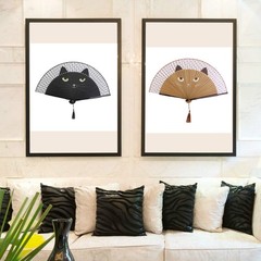 2 Pieces Cat Folding Fans Handheld with Bamboo Frame and Black Brown