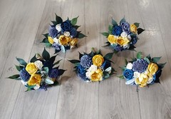 Blue Gold Bridal Bouquet Cascade Sola Wood Denim Navy Blue Wedding Decor Flowers