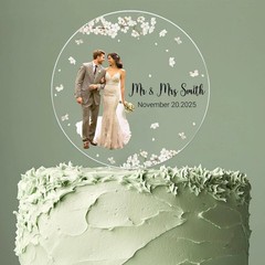 Custom Photo Wedding Cake Topper Rustic Acrylic Mr and Mrs Personalized Gift