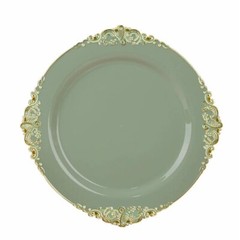 10 DUSTY SAGE GOLD 8″ Round Plastic Salad Dinner PLATES Embossed Baroque Rim
