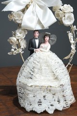 Vintage Bride Groom Wedding Topper Sugar Sculpture Art Deco Stand Antique Lace