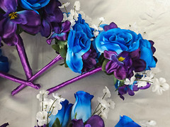 Wedding Bouquet Set, Purple, Blue, White, Roses, Orchids, 17 Piece Wedding Pkg