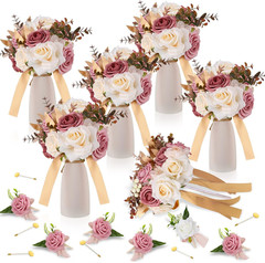 12Pc Wedding Bridesmaid Bouquets Groomsmen Boutonniere Artificial Rose White Set