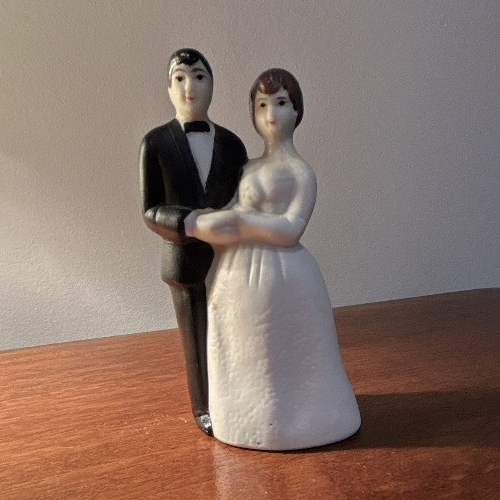 Vintage Ceramic Wedding Cake Topper Figurine Bride & Groom Reusable White/Black