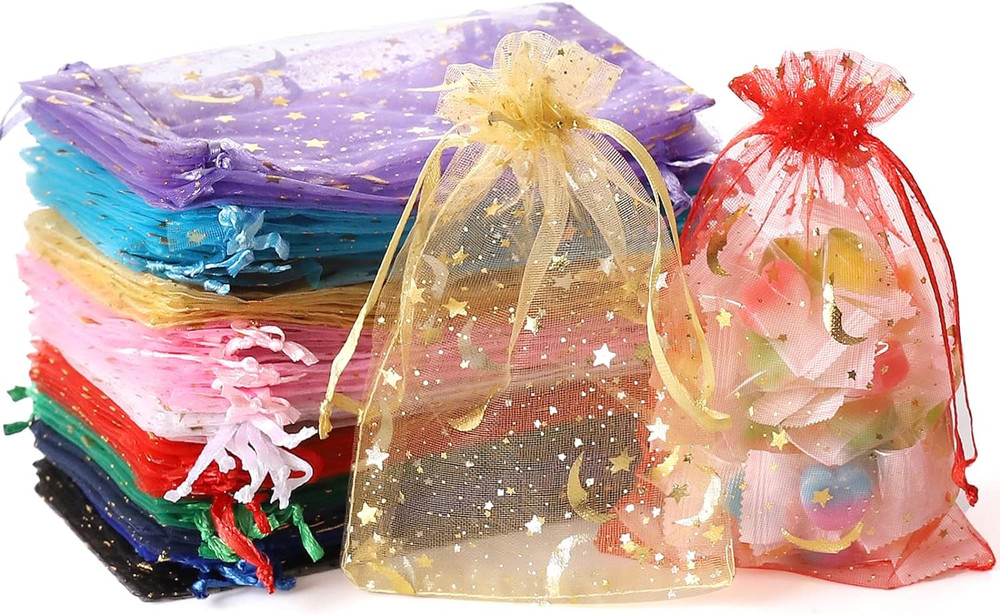 100PCS Moon Star Organza Bags, 4X6″ Wedding Favors Bags with Drawstring, Mixed C