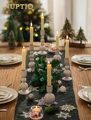 Taper Candle Holders Decor: Set of Wooden Candlestick 3 Rustic Whitewash