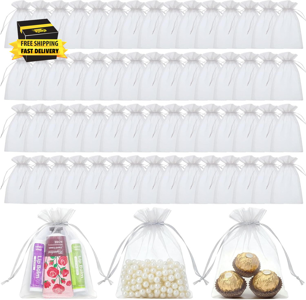 60 PCS White Organza Bags, 3.5X4.7 Inch Mesh Bags Drawstring for Jewelry, Weddin