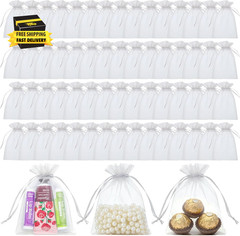 60 PCS White Organza Bags, 3.5X4.7 Inch Mesh Bags Drawstring for Jewelry, Weddin