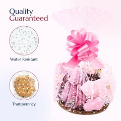 White Dot Cellophane Wrap for Hampers 100′ x 31″ with 10 Pull Bows and 2 Ribbon