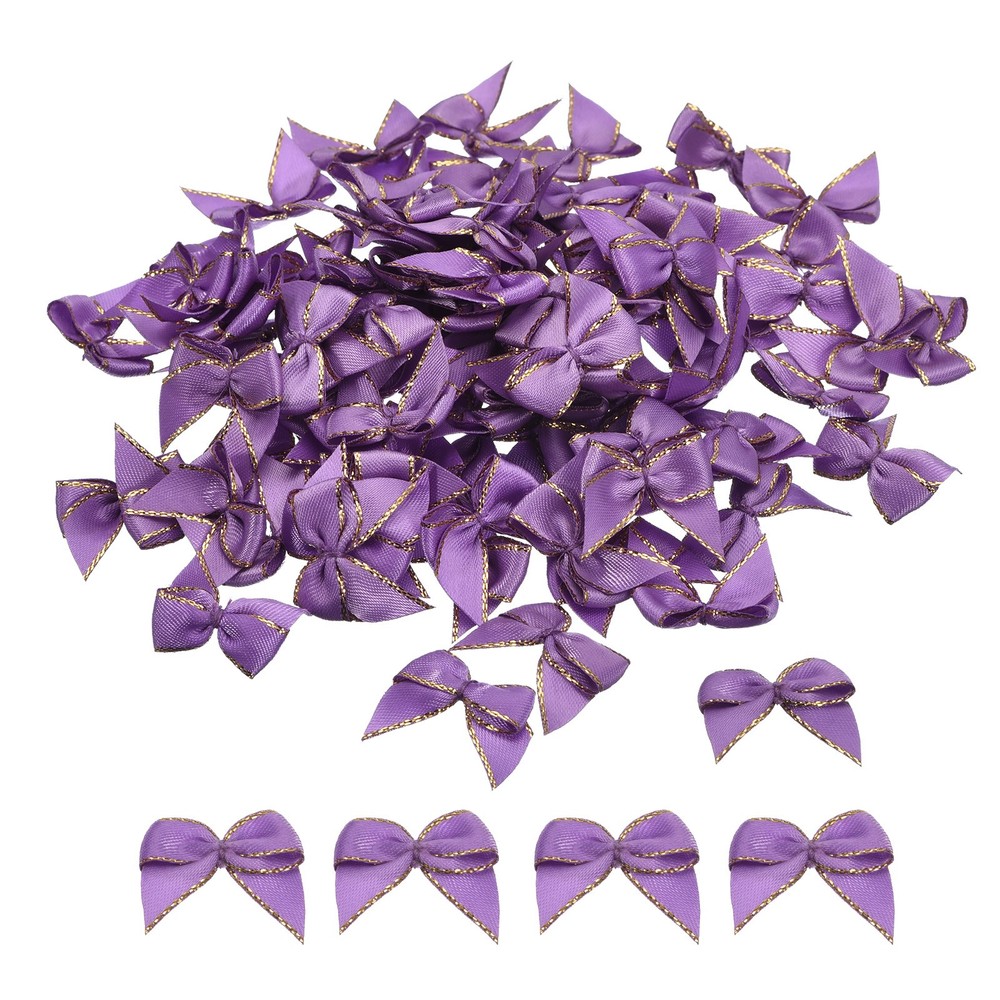 100Pcs Mini Metallic Edge Ribbon Bow 1″ Flower Bows Soft Gold Edge Purple