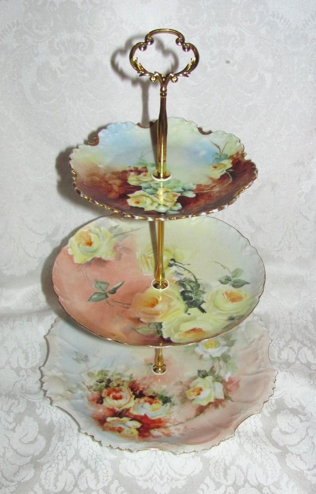 Custom Three Tier Tea Party Cake Stand Made With Antique Hand Painted Plates