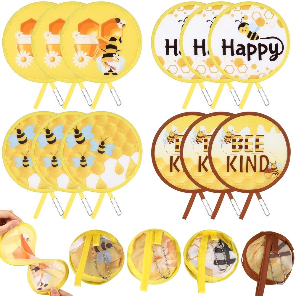 Marsui 12 Pcs Bee Round Foldable Hand Fan Summer Happy Themed Colorful