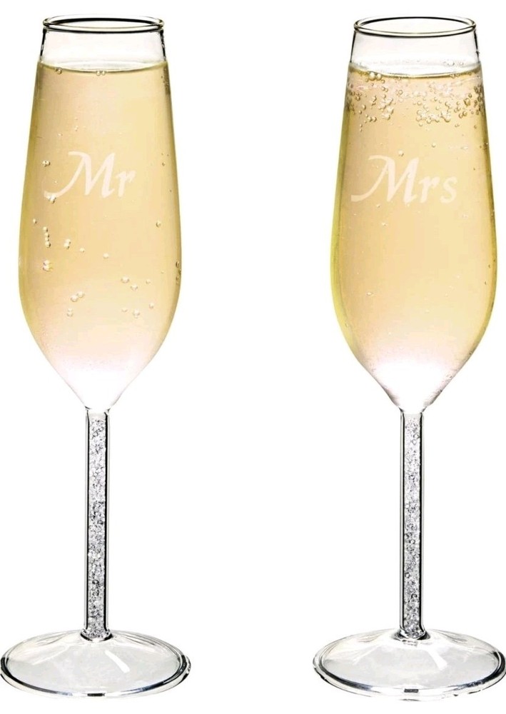 Mr & Mrs 2 Champagne Glasses Crystal Filled Stems Flutes Wedding Bride Groom