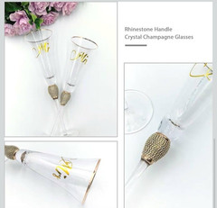 KOWLOON Mr & Mrs Crystal Wedding Toasting Flutes Rhinestones Gold Rim