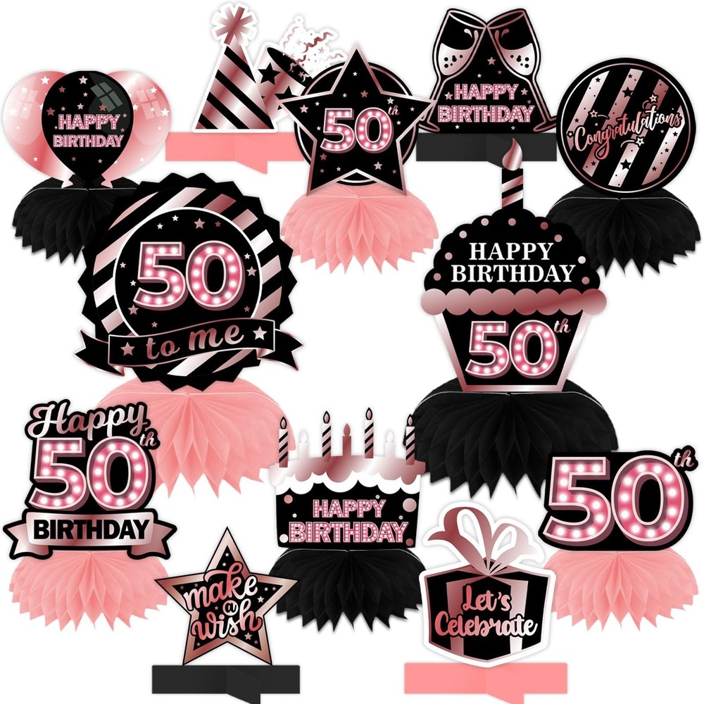 Happy 50th Birthday Rose Gold and Black Table Honeycomb Centerpieces Balloons…